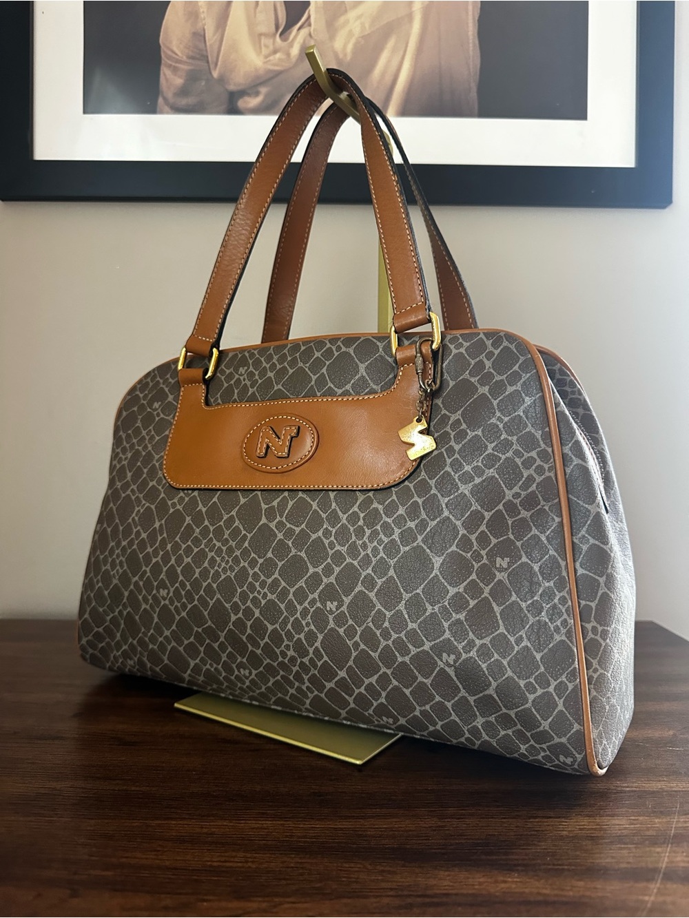 Nina Ricci Giraffe Print Coated Canvas Boston Bag